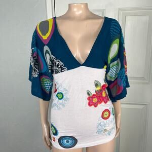 Desigual Womens Shirt M Kimono sleeve V neck Floral Embroidered Viscose T3-25